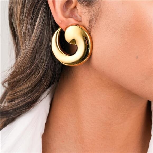 14K Gold Plated Statement Earrings | Chunky Big Hoop & Drop Styles - Picture 5 of 6